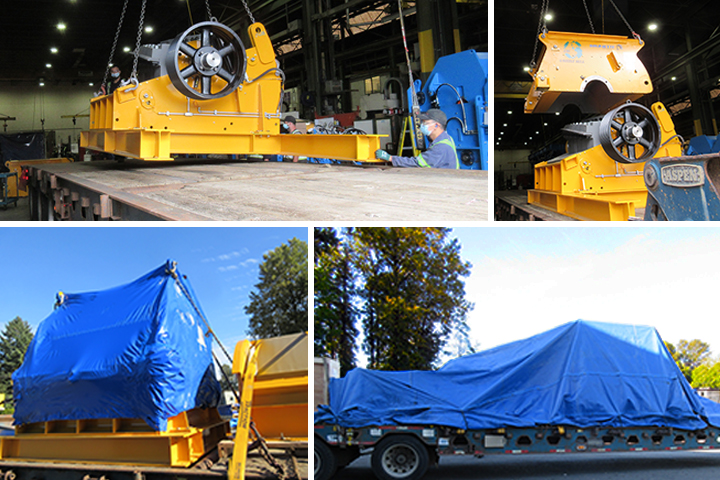 A photo with four images of a wood grinder being prepared for shipping and loaded onto a flatbed truck